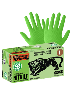 Panther-GuardÂ® Biodegradable Nitrile, Powder-Free, Industrial-Grade, High-Visibility Green, 6-Mil, Unique Wave Pattern, 9.5-Inch Disposable Gloves - 945PF