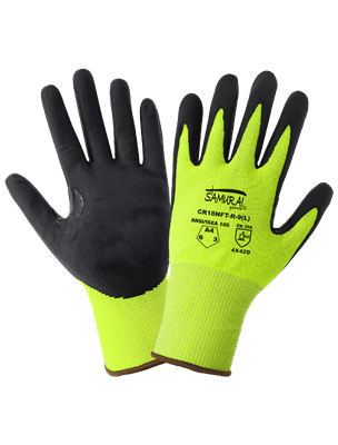 Samurai GloveÂ® High-Visibility Cut, Abrasion, and Puncture Resistant Nitrile-Coated TuffaleneÂ® UHMWPE Gloves with Reinforced Thumb Crotch - CR18NFT