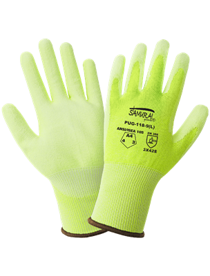 Samurai GloveÂ® High-Visibility PU Coated TuffaleneÂ® UHMWPE Gloves with Cut, Abrasion, and Puncture Resistance - PUG-118