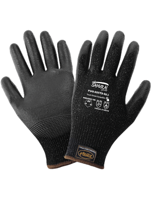 Samurai GloveÂ® Cut Resistant Polyurethane Coated 13-Gauge TuffKutÂ® Gloves with Three Touch Screen Responsive Fingertips - PUG-555TS