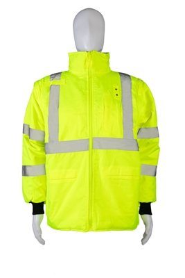 LBRVQJV-C3 ANSI Class 3 Lime/Black Reversible Waterproof 4-in-1 Quilted Jacket with Detachable Sleeves
