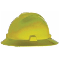MSA Yellow V-Gard Polyethylene Slotted Full Brim Hard Hat W/ Fas Trac Ratchet Suspension