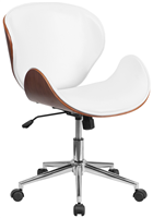 Mid back Walnut Wood Swivel Office Chair - White Leather