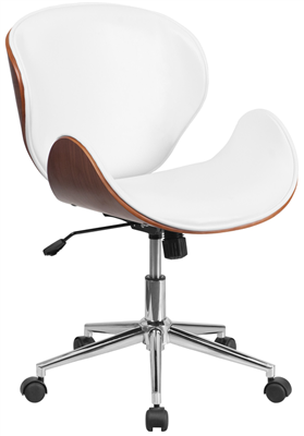 Mid back Walnut Wood Swivel Office Chair - White Leather