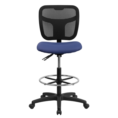 Mid-Back Mesh Drafting Stool with Navy Blue Fabric Seat