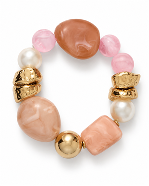 Vintage Marbled Resin Bead Metal Pearl Stretch Bracelet