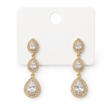 Three-Tier Gradient Teardrop Halo Zircon Gold Drop Earrings