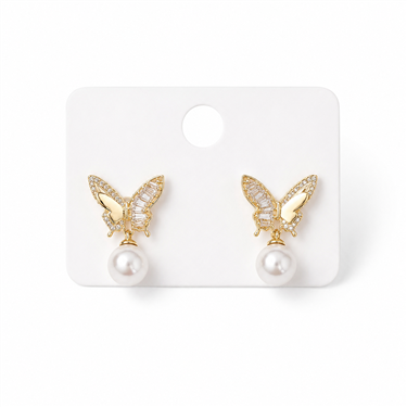 Baguette Zircon Butterfly Pearl Stud Earrings