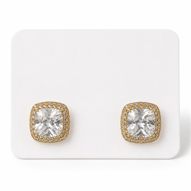 English: Cushion Cut Halo Paved CZ Stud Earrings