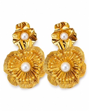Gold Pearl Double Flower Earrings
