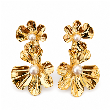 Gold Double Flower Pearl Drop Earrings
