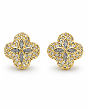 Gold Four-Leaf Flower Rhinestone Stud Earrings