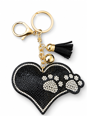 Black Heart Paw Print Rhinestone Keychain