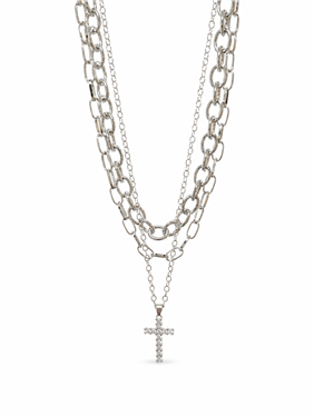 Layered Chain Cross Rhinestone Pendant Necklace