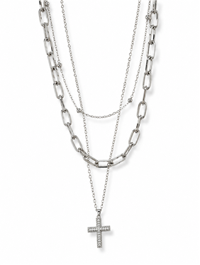 Layered Rhinestone Cross Paperclip Chain Necklace