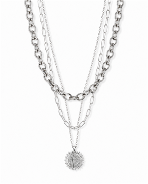 Layered Sunburst Medallion Paperclip Chain Necklace