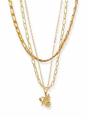 Layered Chain Butterfly Rhinestone Pendant Necklace