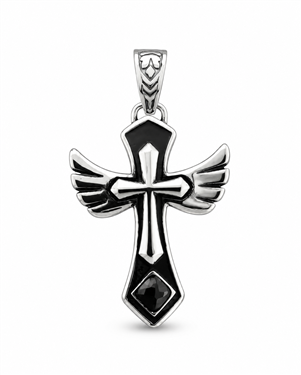 Black Stone Winged Cross Pendant