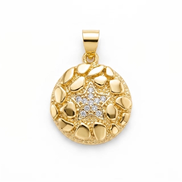 Gold Plated Star CZ Round Textured Pendant