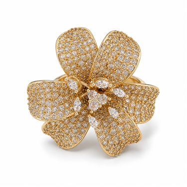 Pave Crystal 3D Flower Gold Ring