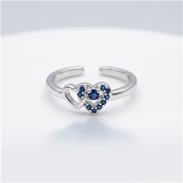 Blue CZ  Double Heart Silver Open Adjustable Toe Ring