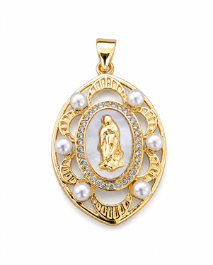 Gold Oval Virgin Mary Pearl Mother-of-Pearl Pendant