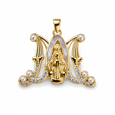 Gold Virgin Mary Pearl Crown Pendant