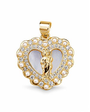 Gold Heart Virgin Mary Mother-of-Pearl Pearl Pendant