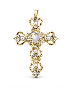 Gold Cross Heart Pearl Pendant