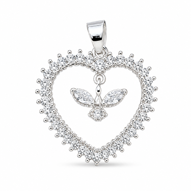Plated CZ Heart Butterfly Pendant