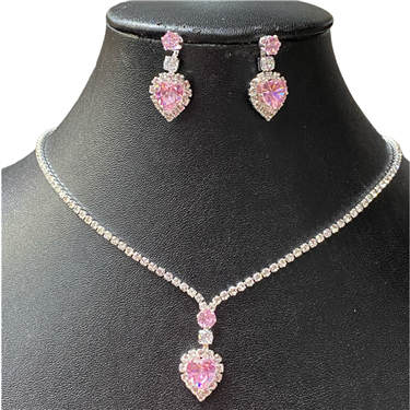 SILVER PINK HEART NECKLACE SET