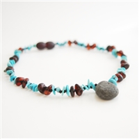 The Amber Monkey Baltic Amber, Gemstone & Aroma Diffusing 10-11 inch Necklace - Raw Chestnut/Turquoise Pendant