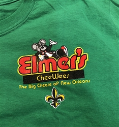 Elmer's CheeWees logo on kelly green t-shirt