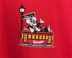Elmer's CheeWees logo on red t-shirt