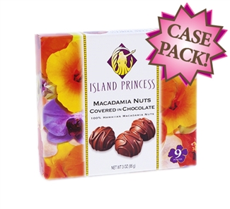 Our Napua, Hawaiian for flower, gift box. 100% Hawaii-Grown Macadamia Nut halves are covered in rich milk chocolate with an extra drizzle on top. 9 pieces per box.