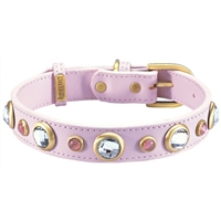 Rhinestones and Pink Cat's Eye Leather Dog Collar