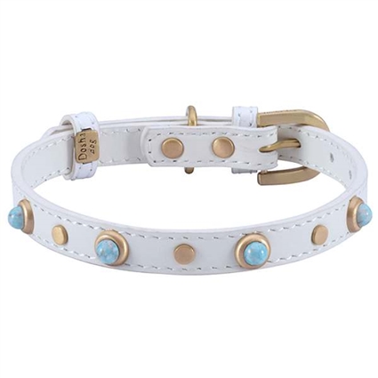 White Leather Dog Cat Collars with Turquoise Gemstones