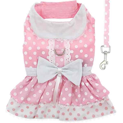 Pink Polka Dot and Lace Small Dog Harness Dress