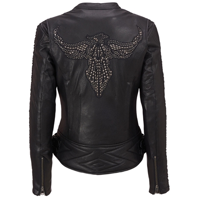 Ladies Leather Motorcycle Jacket w/Stud Bird Detail and Ruching