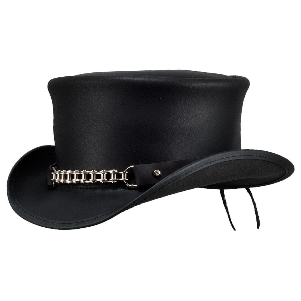 Leather Top Hat with Motorcycle Chain Embelishment