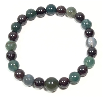 Garnet & Moss Agate Beaded Bracelet Wrist Mala - Prayer Beads 8mm