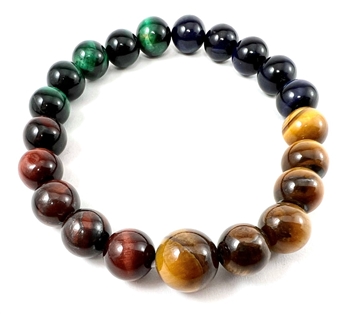 Long Size Green, Red, Blue & Yellow Tiger's Eye Beaded Bracelet - 10mm (1 Pack)