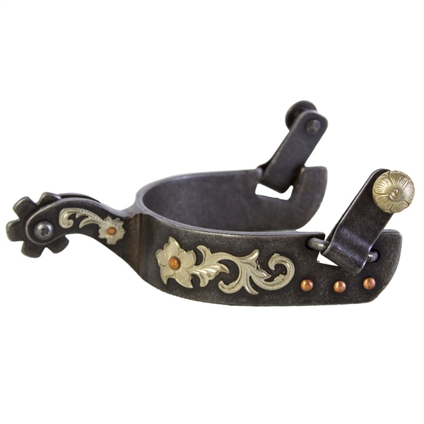 Ranchmans Aged Steel Floral & Copper Dot Spurs - Ladies