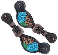 Showman® Ladies Blue Poppy Flower & Cheetah Inlay Spur Straps