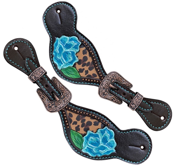 Showman® Ladies Blue Poppy Flower & Cheetah Inlay Spur Straps