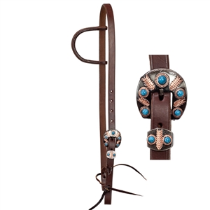 Ranchmans 3/4" Heavy Oil Sliding Ear Headstall - Copper Feather & Turquoise Buckle