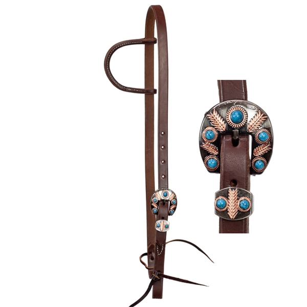 Ranchmans 3/4" Heavy Oil Sliding Ear Headstall - Copper Feather & Turquoise Buckle