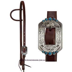 Ranchmans 3/4" Heavy Oil Sliding Ear Headstall - Engraved Silver & Turquoise Buckle