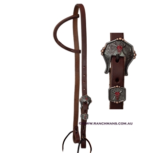 Ranchmans 3/4" Heavy Oil Sliding Ear Headstall - Red Longhorn Buckle