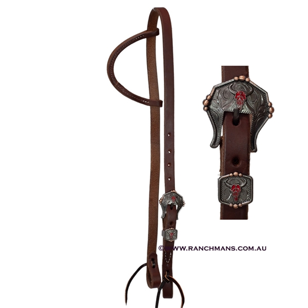 Ranchmans 3/4" Heavy Oil Sliding Ear Headstall - Red Longhorn Buckle